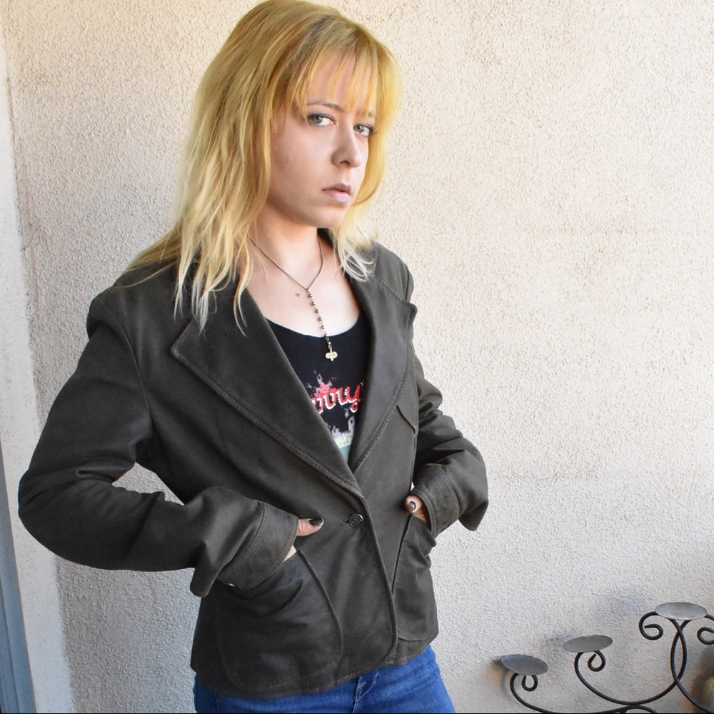 Vintage GF Ferré Olive Green Leather Jacket Small